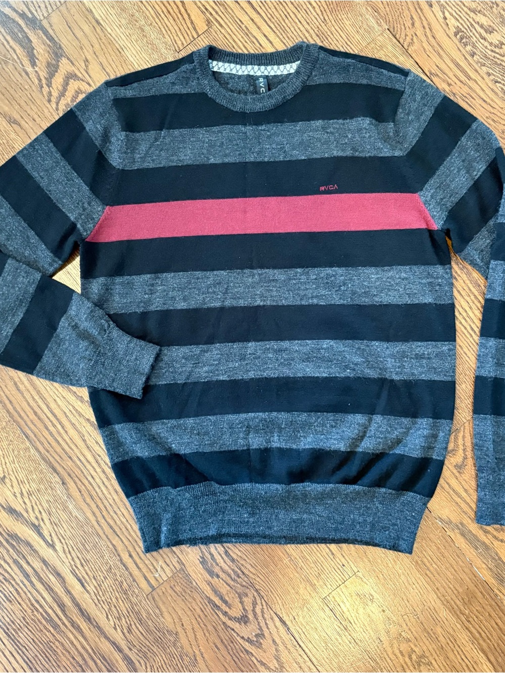 RVCA Men's Black, Gray & Red Striped Crewneck Sweater